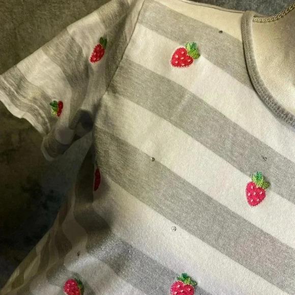 Quacker Factory striped strawberry and rhinestone T-shirt women’s size S - Picture 2 of 8